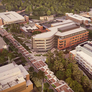 Overhead view of new academic building and Wilkins Plaza on the campus of George Mason University